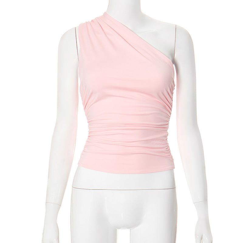 Wholesale Polyester Solid Color Single Shoulder Open Back Pleated Women's Tank Top T-shirt